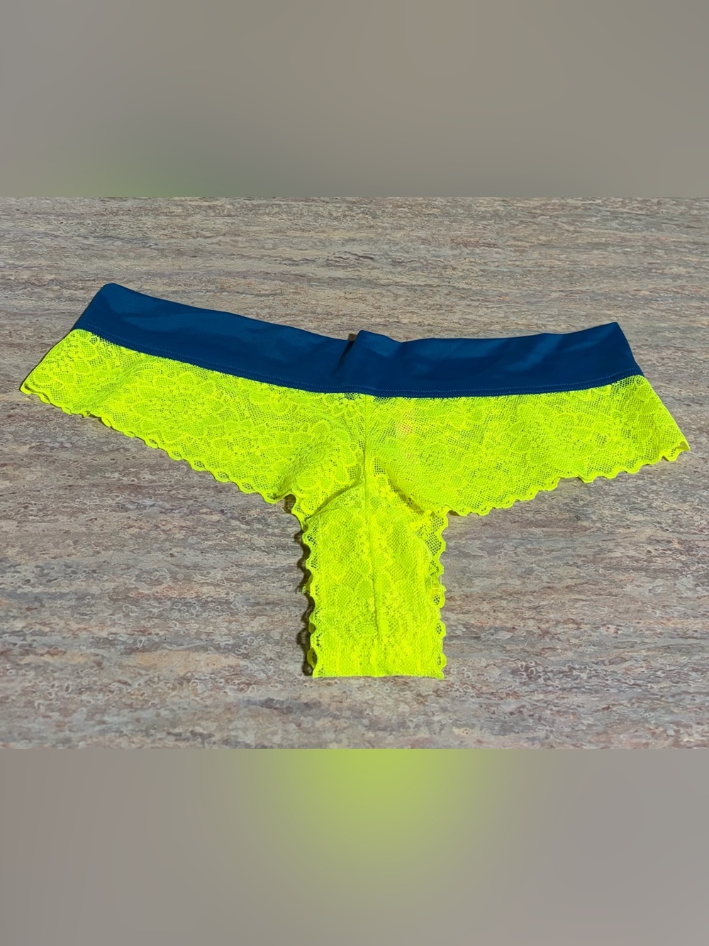 NWOT PINK Victoria’s Secret Extra Low rise Blue & Neon Yellow Lace  Cheekster
